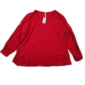 NY Collection Blouse Too Womens‎ 2X Plus Button Up Sleeve 2X Red Mercury $49